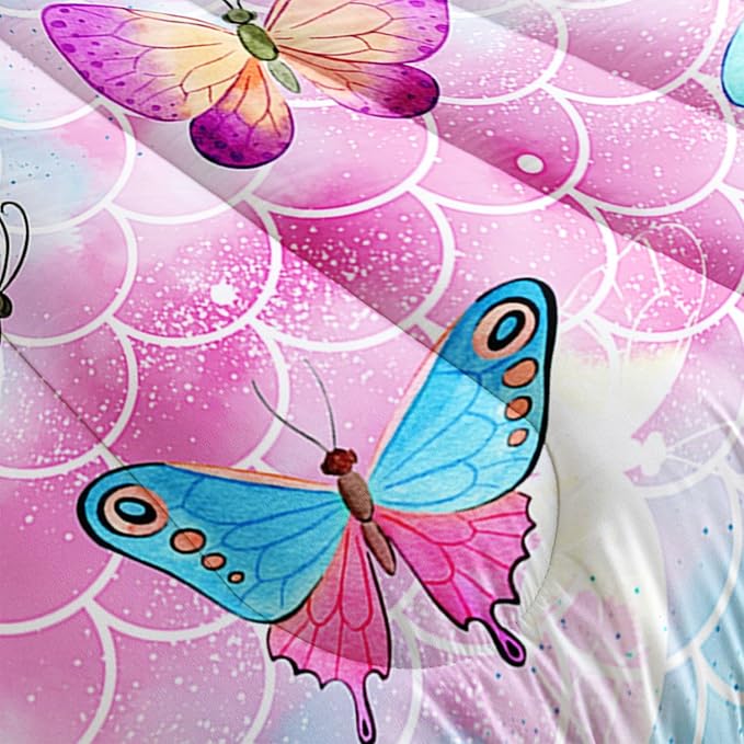 Datura home Kids Comforter Set Mermaid Scale Butterfly Printed Pattern Bedding Set with 1 Comforter and 2 Pillowcases for Girls Boys Bedroom All Season(Mermaid Queen)