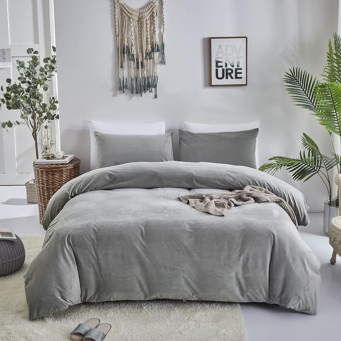 Wellboo Grey Velvet Comforter Sets Queen Size Women Men Solid Gray Fluffy Bedding Comforters Modern Dark Grey Plush Aesthetic Quilts Plain Gray Shaggy Dorm Blankets Minimalist Flannel Thick Sherpa Bed