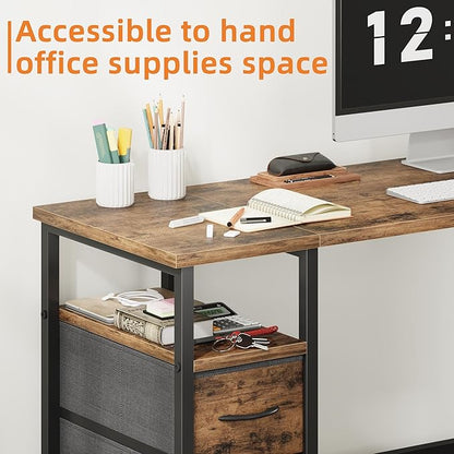 55'' Office Desk with 4 Fabric File Drawers - File Drawer Organization, Computer Work Desk, Study Writing Table, Home Office Workstation, Rustic Brown.