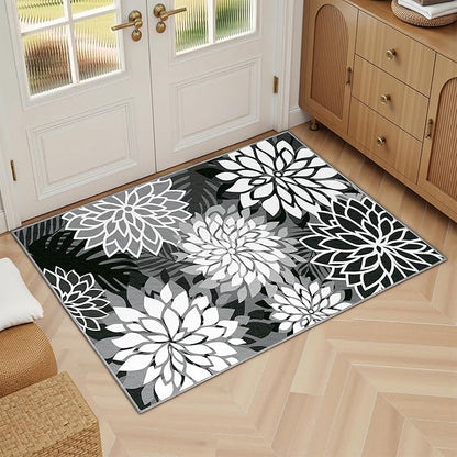 Area Rug 2x3 Black White Washable Entry Small Rug Multicolored Tropical Botanical Modern Floral Indoor Kitchen Door Mat Entrance Carpet Non Slip for Bedroom Living Room, Porch