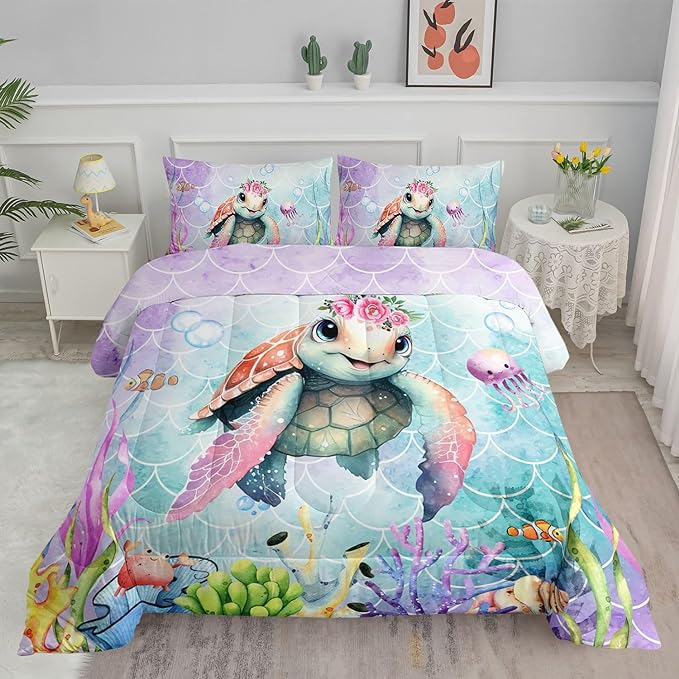 Datura home Kids Comforter Set Mermaid Scale Turtle Printed Pattern Bedding Set with 1 Comforter and 2 Pillowcases for Girls Boys Bedroom All Season(Turtle Queen)