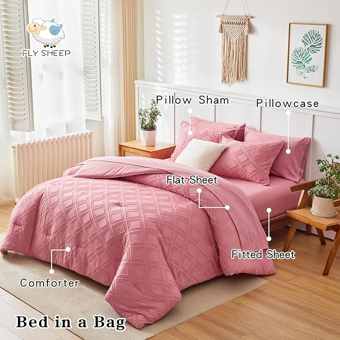 7 Pieces Tufted Bed in a Bag Queen Comforter Set with Sheets Pink, Soft and Embroidery Shabby Chic Boho Bohemian, Luxury Solid Color with Diamond Pattern, Jacquard Tufts Bedding Set for All Season