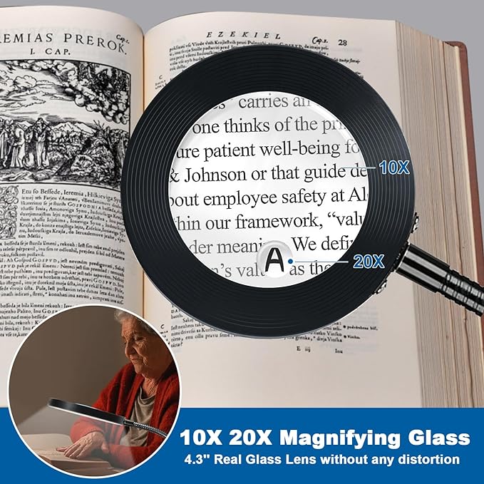 NZQXJXZ 2-in-1 Magnifying Glass with Light and Stand 20X 10X Magnifying Lamp with Large Base & Clamp, 72 LEDs, 3 Color Modes and10 Stepless Dimmable, Desk Magnifier for Hobbies, Reading, Jewelry