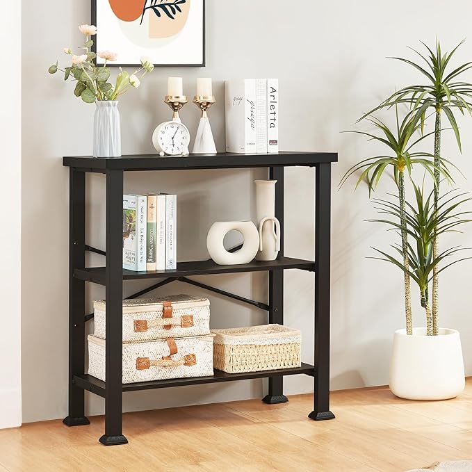 HOMBAZAAR Bookshelf, 3-Tier Vintage Industrial Book Shelf, Rustic Wood and Metal Bookcase and Bookshelves, Free Standing Storage Small Bookshelf for Living Room, Bedroom and Kitchen, Black