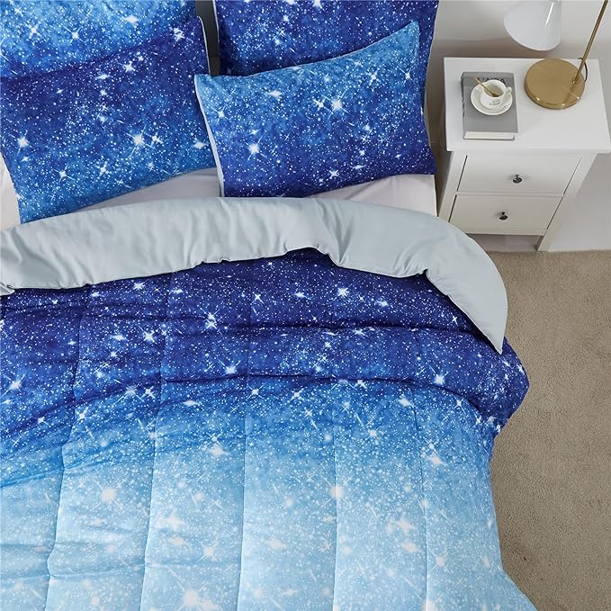 Blue Glitter Comforter Set Full/Queen Size for Boys Girls, Sparkle Galaxy Twinkle Starlight Kids Teen, 3 Piece Aqua Navy Ombre Bedding with 2 Pillow Cases(Blue,Queen), Queen(3-Piece)