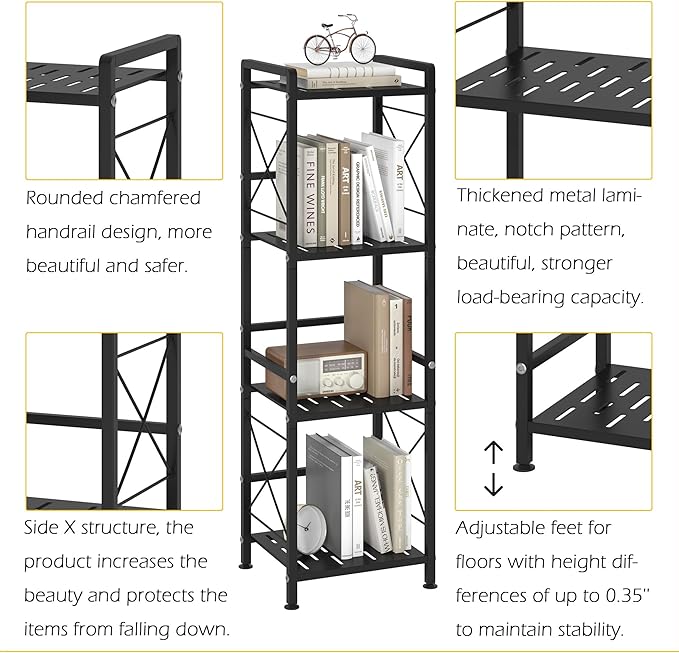 JSB 4 Tier Metal Bookshelf Bathroom Storage Standing Shelf Unit Kitchen Storage Organizer Display Rack Bookcases Shelves for Living Room, Bedroom, Office (Black, 4 Tier)