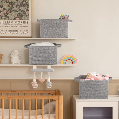 OIAHOMY Storage Basket, Woven Baskets for Storage, Cotton Rope Basket for toys,Towel Baskets for Bathroom - Pack of 3, Light Grey