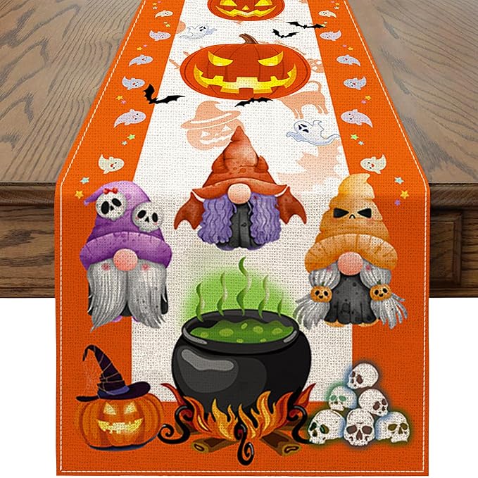 Halloween Table Runner, Halloween Table Runner 90 Inches Long, Halloween Pumpkins Gnomes Runners for Table, Black Cat Spider Web Holiday Decor Burlap Runner Rug for Home Decorations Dining Room