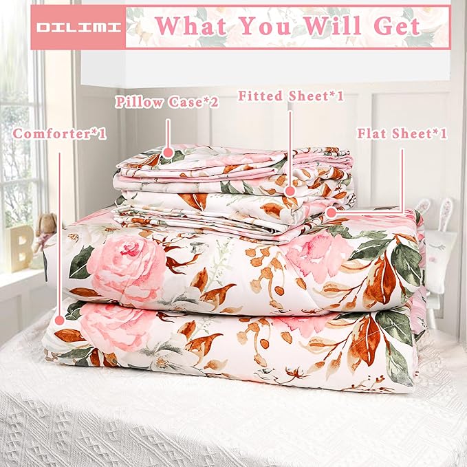 DILIMI Full Size Comforter Set for Girls, Reversible Comforter Full Size, 5 Pieces Ultra Soft Pink Floral Full Size Bed Comforter Sets with Sheet, Comforter, Flat Sheet, 2 Pillowcase