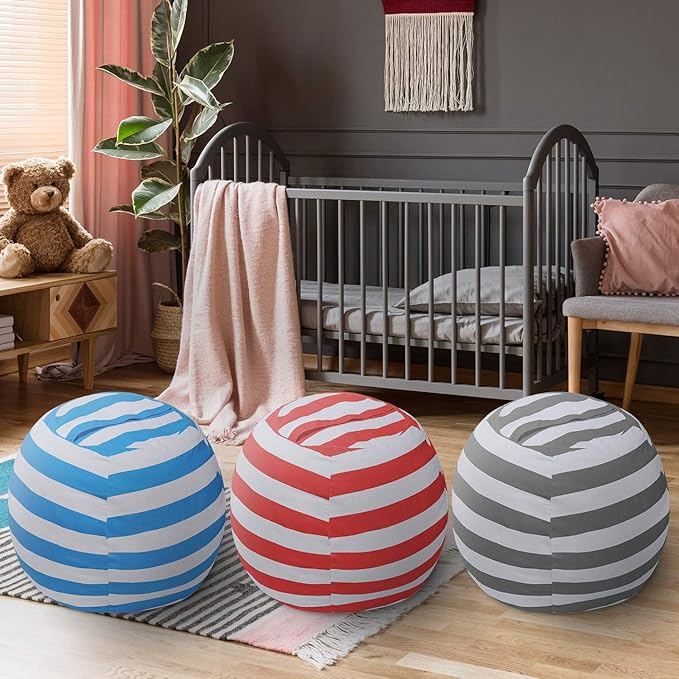 2 PCS Stuffed Animal Storage Bean Bag Chair Cover, Cotton Canvas Beanbag with Zipper for Organizing Kid's and Adults Room Blue 24"
