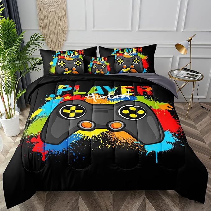 6 Pieces Gamer Comforter Set for Boys Gaming Bedding Set Full Size,Video Game Controller Comforter for Boys Kids Adult 3D Gamepad Microfiber Bedding Sets 6 Pieces Bed in A Bag Sets30019,Full