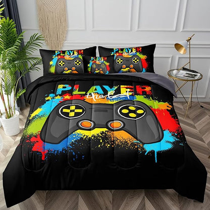 6 Pieces Gamer Comforter Set for Boys Gaming Bedding Set Full Size,Video Game Controller Comforter for Boys Kids Adult 3D Gamepad Microfiber Bedding Sets 6 Pieces Bed in A Bag Sets30019,Full