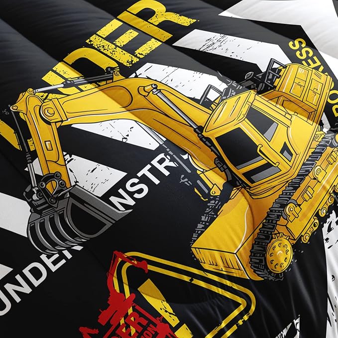 Excavator Comforter Queen Size,Construction Truck Comforter Set for Kids Teens Boys Girls,3Pcs Bedding Set Printed Comforter with 2 Pillowcases,Soft and Lightweight(Black，Queen Size)