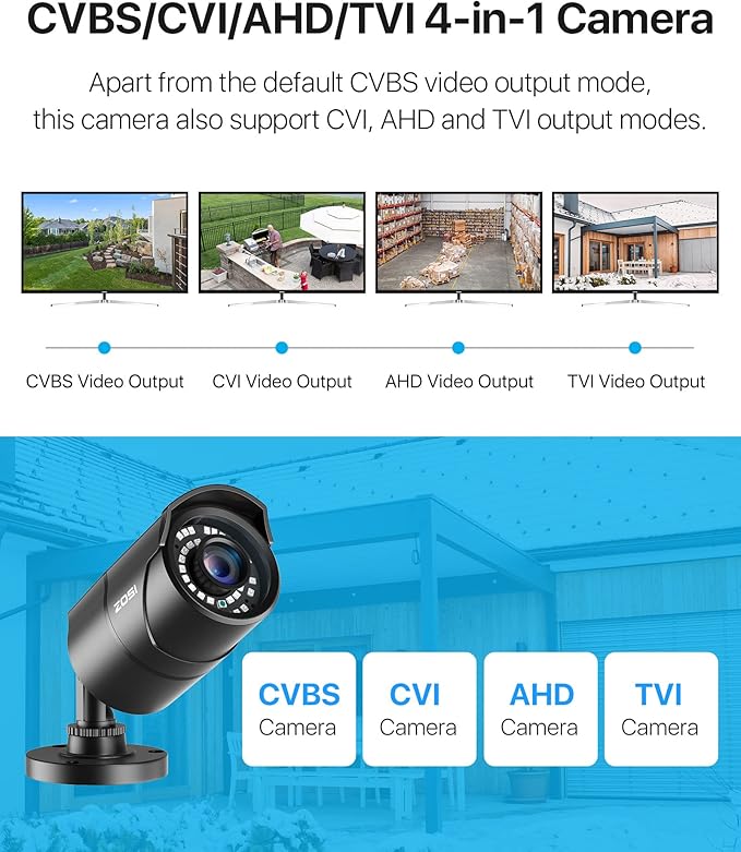 ZOSI 1080P 1920TVL Security Camera Outdoor Indoor,Hybrid 4-in-1 TVI/CVI/AHD/960H CVBS Bullet Cam for Analog Home Office Surveillance DVR CCTV System,IP67 Weatherproof,120ft IR Night Vision,Black
