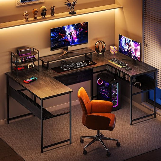 79” U Shaped Desk with Power Outlets, Reversible L Shaped Gaming Desk with Storage Shelves, Large Corner Computer Desk with Monitor Stand, 2 Person Desk for Home Office, Grey Black