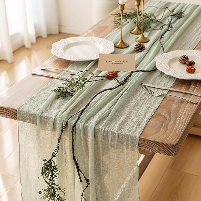6pcs Cheesecloth Table Runner Sage Green Gauze 120 Inch 10 FT Rustic Boho Cheese Cloth Runner for Wedding Baby Shower Bridal Shower Party Long Sheer Centerpiece Home Decoration