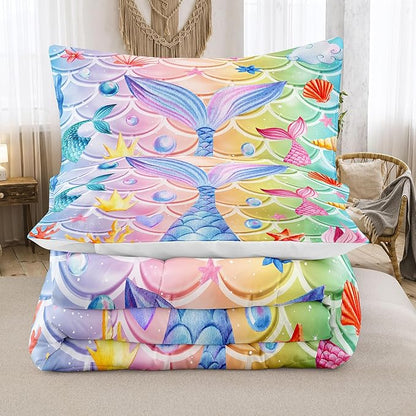 NINENINE Mermaid Tail Bedding Mermaid Comforter Set,Blue Glitter Bedding Full Comforter Sets for girls,Rainbow Scales Bedding Sets with 1Comforter 2Pillowcases