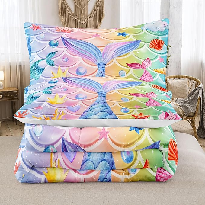 NINENINE Mermaid Tail Bedding Sets,Mermaid Comforter Rainbow Bedding,Twin Comforter Sets for Girls,Blue Glitter Comforter Sets with 1Comforter 1Pillowcase