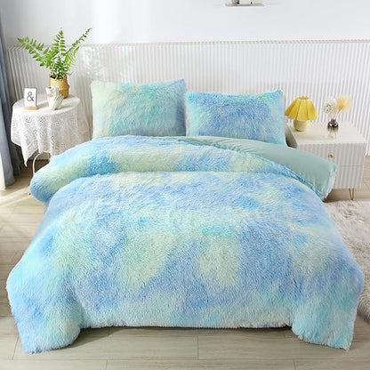 WINLIFE Shaggy Bedding Comforter Set Faux Fur Flannel Furry Comforter Microfiber Long Hair Fluffy Plush Comforter Sets Gradient Ombre Blue Aqua Teal Bedding for Girls Adults (3Pcs, Queen, Mint Green)