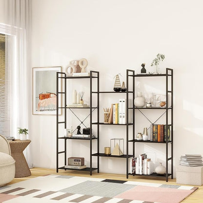 Panana Triple 4 tier bookshelf, Industrial Bookcase with 11 Open Display Shelves Wide Book Shelf Book Case with Metal Frame for Living Room Home Office (Black)