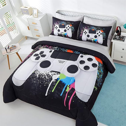 KAKKI 4 Piece Boys Twin Gamer Comforter Set with Sheets, 3D Colorful Video Game Controller Comforter for Kids Teen, All Season Soft Microfiber Gaming Bedding Set(White,Twin)