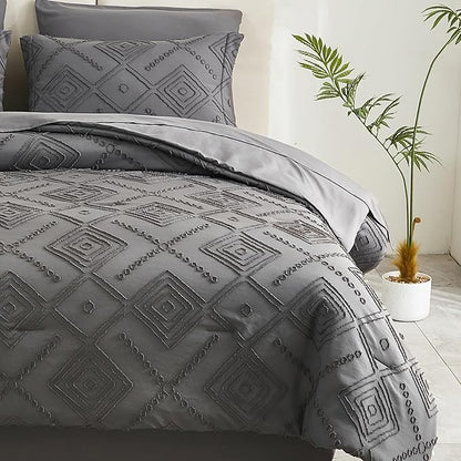 EMME Twin Comforter Set - 5 Pcs Dark Grey Boho Bedding Sets, Twin Size Tufted Comforter with Sheets, Shabby Chic Embroidery Bed Set Fluffy Bed Bag for All Season(68"X90")