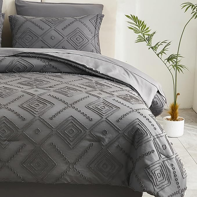 EMME King Comforter Set - 7 Pcs Dark Grey Boho Bedding Sets, King Size Tufted Comforter with Sheets, Shabby Chic Embroidery Bed Set Fluffy Bed Bag for All Season(102"X90")