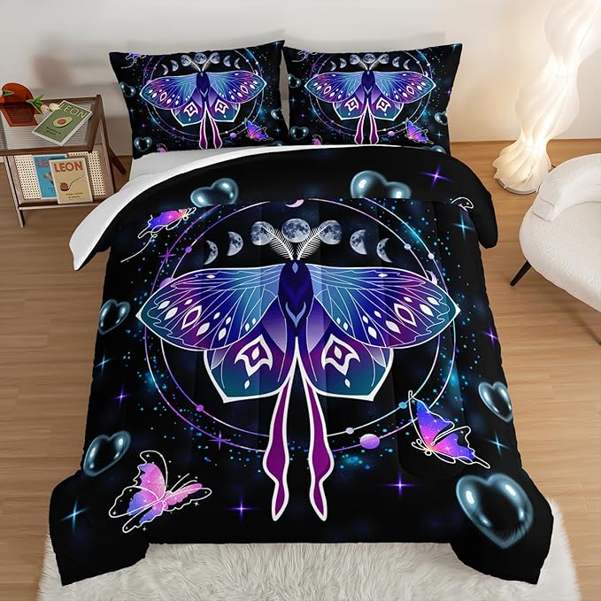HOSIMA Butterfly Comforter Set with 2 Pillowcases,Moon Starry Sky Galaxy Comforter Butterfly Room Decor Aesthetics,Blue Heart -Shaped Bubble King Size Comforter Set for Adults Kids Black Comforter.