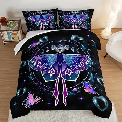 HOSIMA Butterfly Comforter Set with 2 Pillowcases,Moon Starry Sky Galaxy Comforter Butterfly Room Decor Aesthetics,Blue Heart -Shaped Bubble King Size Comforter Set for Adults Kids Black Comforter.