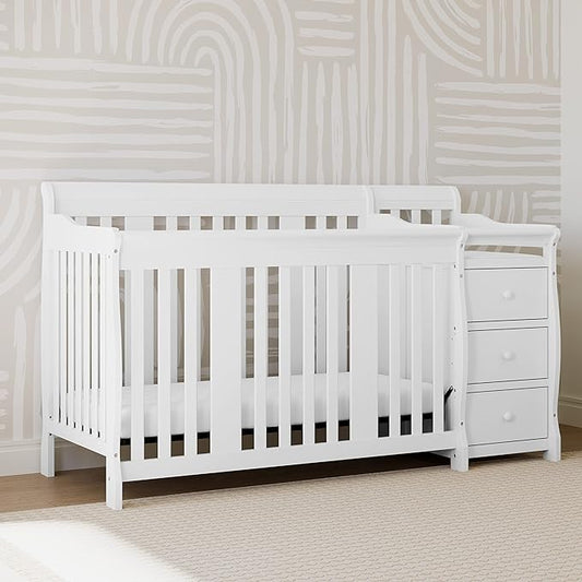 Storkcraft Portofino 5-in-1 Convertible Crib and Changer (White) – Changing-Table Combo with Drawer, Converts to Toddler Bed, Daybed Full-Size Storage Drawer