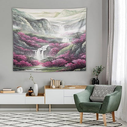 Japanese Tapestry, Red Plum Blossom Mountain Tapestry, Asian Japanese Wall Tapestry, Nature Landscape Tapestries for Bedroom Living Room Decor 60"x50"
