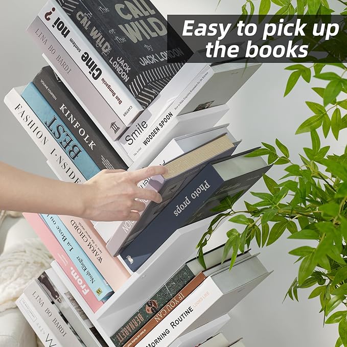 10 Tier Tree Book Shelf, Floor Standing Wood Bookshelf for Narrow Space, Storage Organizer Bookshelves for Books/CDs/Magazine, Bookcase with Shelves for Home Office, Living Room - White