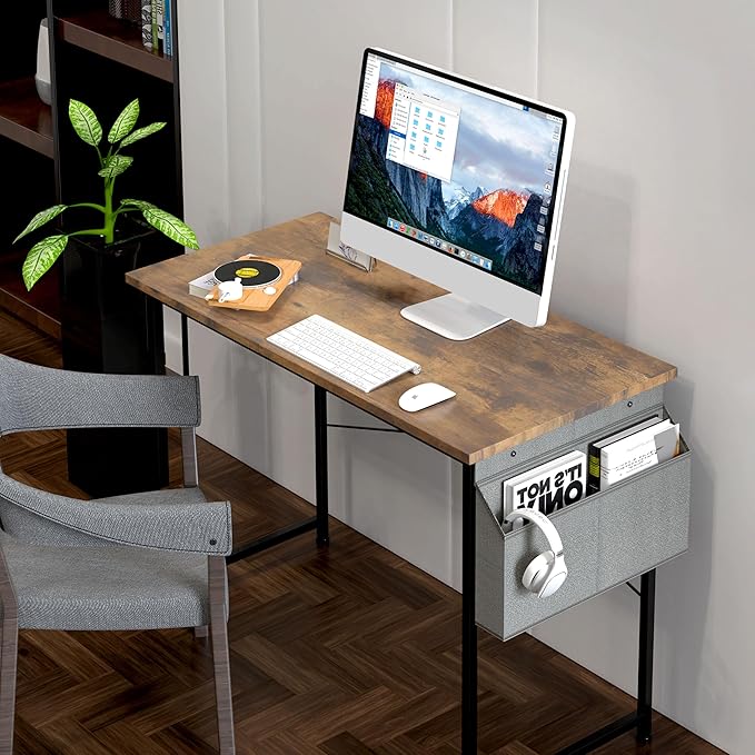 HealSmart 40 Inch Computer Desk Home Writing Study Worktable with Storage Bag for Bedroom, Office, Apartment, Brown