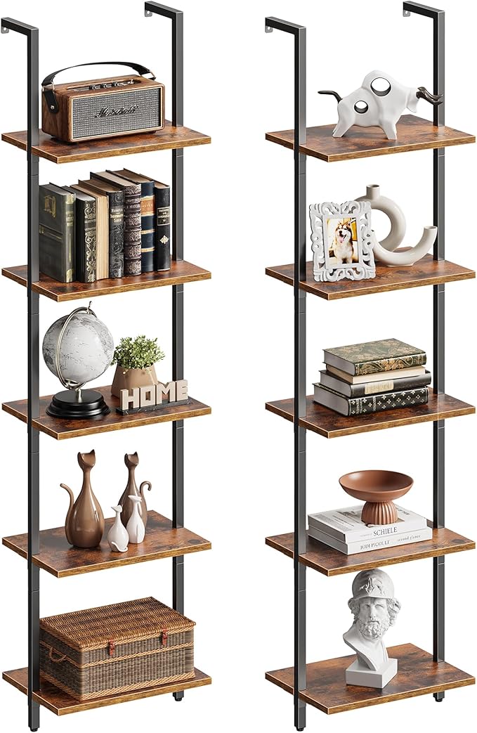 SUPERJARE 5-Tier Bookshelf, Narrow Book Shelf Set of 2, Open Wall-Mounted Ladder Shelf with Metal Frame, Display Bookcase for Home Office, Bedroom, Rustic Brown