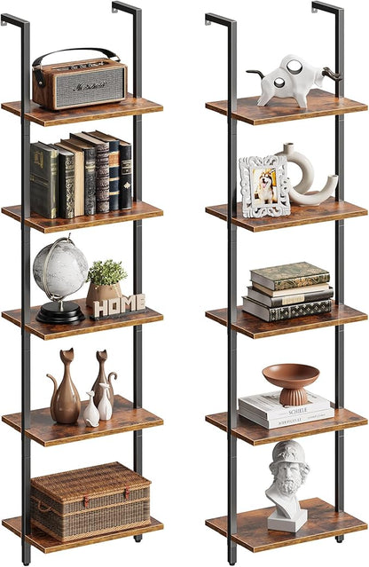 SUPERJARE 5-Tier Bookshelf, Narrow Book Shelf Set of 2, Open Wall-Mounted Ladder Shelf with Metal Frame, Display Bookcase for Home Office, Bedroom, Rustic Brown