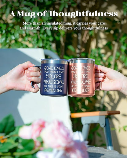 Inspirational Coffee Mug for Men, 12oz Insulated Stainless Steel Mug with Handle & 2 Lids – Sometimes You Forget You’re Awesome, Birthday & Appreciation Gift for Dad, Husband, Him, Navy Blue