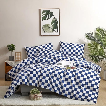 Royal Blue White Grid Comforter Set Cal King Royal Blue Plaid Bedding Set Women Royal Blue and White Checkered Bed Comforter Set Breathable Blanket Set Men Durable Bedding Comforter Set