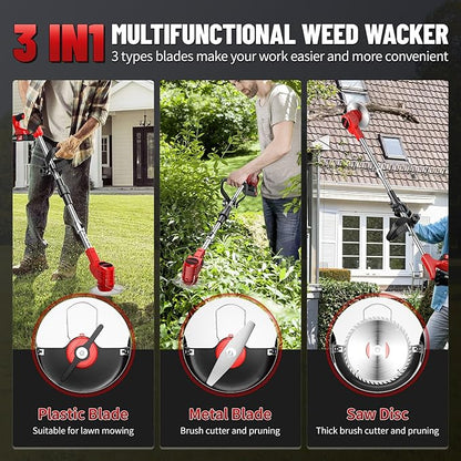 Cordless Electric Weed Wacker, 21V Battery Powered Weed Wacker with 3 Types Blades&2x2.0Ah Battery, Foldable Lightweight Weed Trimmer/Stringless Grass Trimmer/Brush Cutter with for Garden Yard