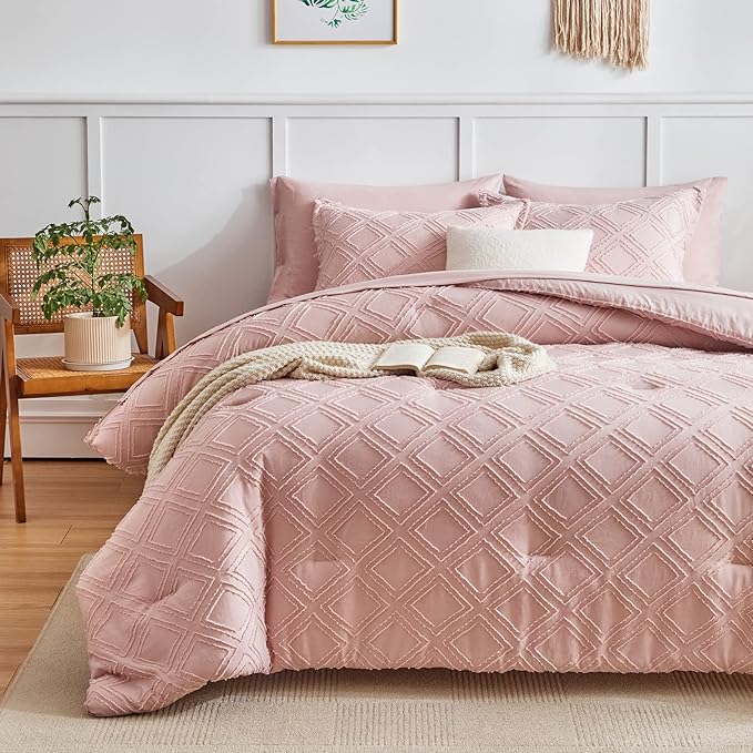 7 Pieces Tufted Bed in a Bag Queen Comforter Set with Sheets Blush, Soft and Embroidery Shabby Chic Boho Bohemian, Luxury Solid Color with Diamond Pattern, Jacquard Tufts Bedding Set for All Season