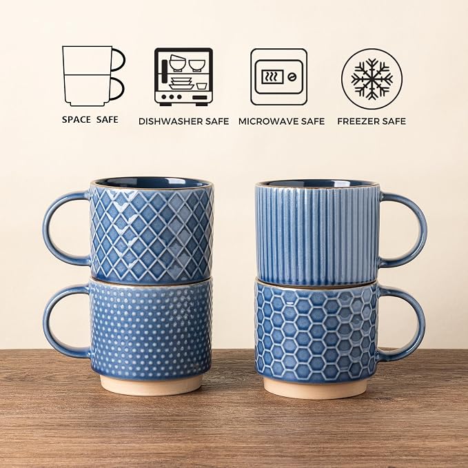 GBhome 12 OZ Stackable Coffee Mugs Set of 4, Ceramic Coffee Cups Set | Coffee Mugs With Stand, Dishwasher&Microwave Safe, 4 Assorted Designs