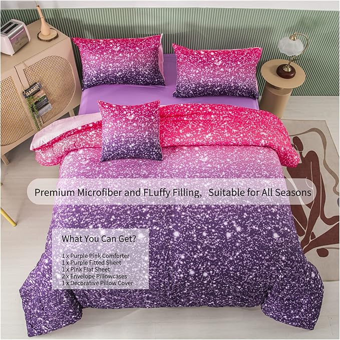 RYNGHIPY 6Pcs Full Gradient Pink Purple Glitter Comforter Sets for Teens Girls Kids, Colorful Rainbow Glitter Themed Bedding Set