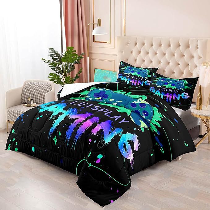 Game Comforter Set Fluffy Video Gaming Bedding Sets Gamer Room Decor Twin Size Colorful Black Gamepad Soft Game Bedding Set for Boys Teen 1 Comforter and 1 Pillowcase