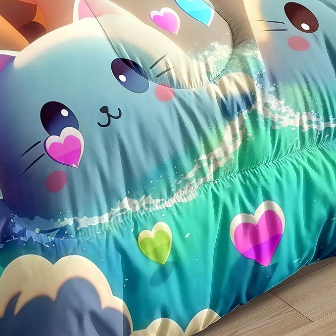 Queen Cat Comforter Set, Girls Kawaii Cat Bedding Sets, 1 Comforter+2 Pillowcases, Microfiber, Printed, Modern Style, 3 Pieces