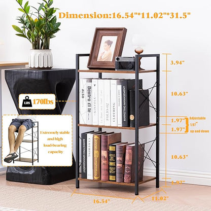 HCHQHS Small Bookshelf, Adjustable 3-Tier Industrial Bookcase, Rustic Open Book Shelf, Wood and Metal Horizontal Bookshelves
