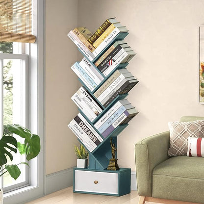 8 Tier Tree Bookshelf with Drawer, Free Standing Wood Bookcase for Narrow Space, Storage Organizer Bookshelves for Books, Book Case for Home Office, Living Room, Bedroom, Navy Blue