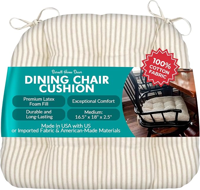 Barnett Home Decor Ticking Stripe Natural Dining Chair Pad with Ties - Medium Size 18 Chair Cushion - Latex Foam Fill - Machine Washable, Reversible, Solid Color, 100% Cotton, Made in USA