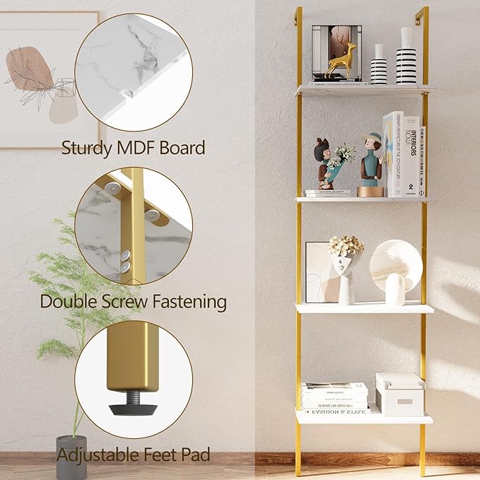 Ladder Shelf 4 Tiers Metal Industrial Bookshelf,White Marble Wood Tall Open Storage Rack and Display Shelves,Wall Mount Wide Book Case for Home Office Bedroom,Small