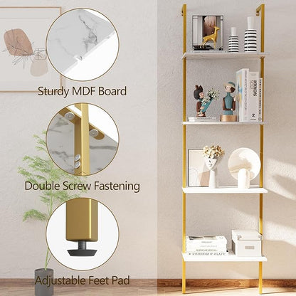 Ladder Shelf 4 Tiers Metal Industrial Bookshelf,White Marble Wood Tall Open Storage Rack and Display Shelves,Wall Mount Wide Book Case for Home Office Bedroom,Small