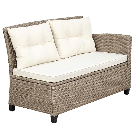 4PCS Patio Furniture Set, Outdoor Wicker Conversation Sectional L-Shaped Sofa with 4 Seater Thickness Coffee Table, for Backyard, Porch, Onesize, E-Beige Cushion+Brown Rattan