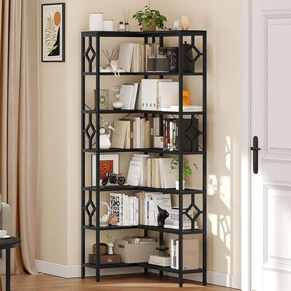 YITAHOME 7 Tier Corner Bookshelf Reversible Bookcase, Tall Bookshelf Display Rack Shelf with Metal Frame for Living Room, Bedroom, Home Office, Black